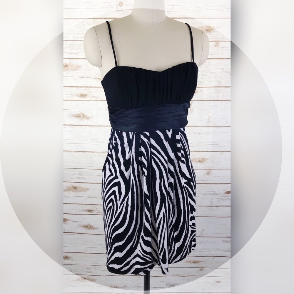 White & Black Zebra Satin Tie Empire Dress